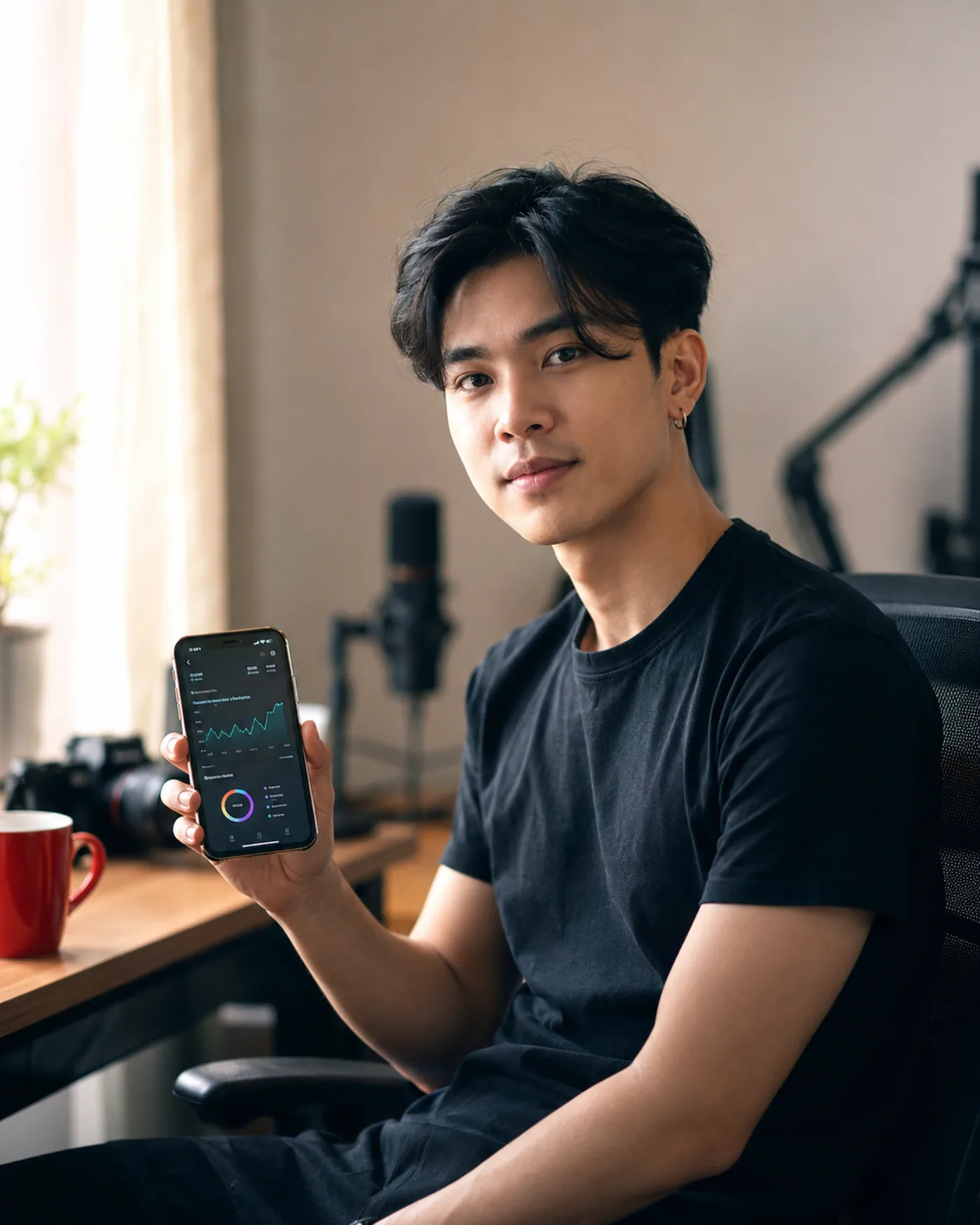 ครีเอเตอร์ไทยถือมือถือกำลังตรวจ analytics