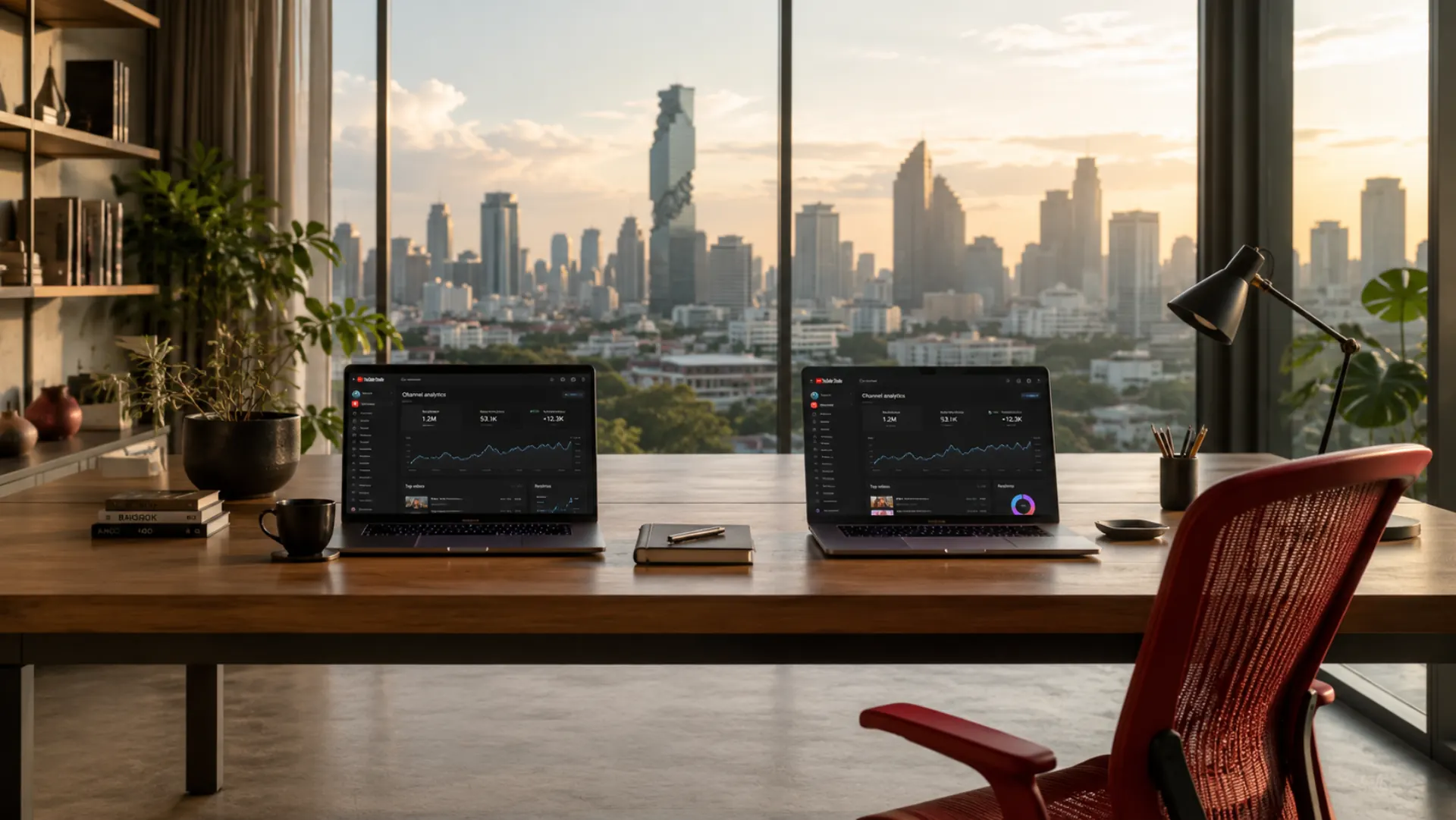ออฟฟิศของ PlengBoost · สอง laptop เปิด YouTube analytics กับวิว Bangkok skyline